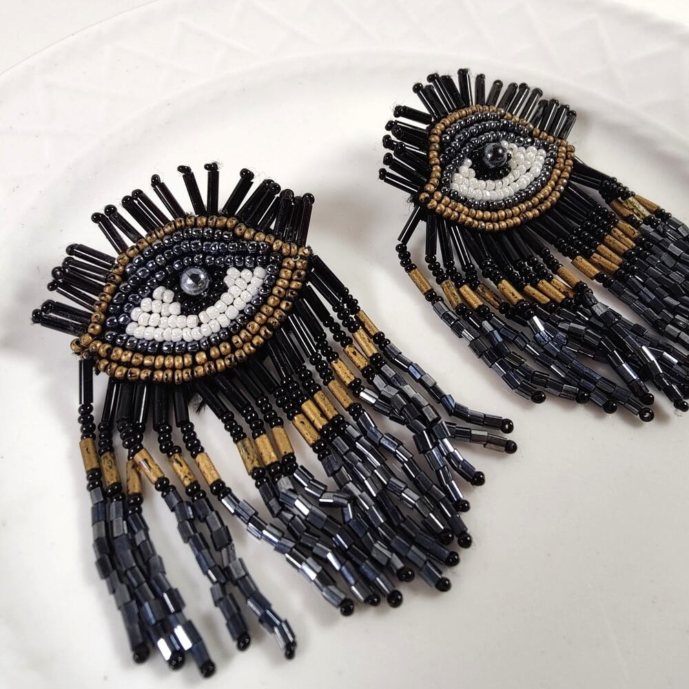 Artsy Evil Eye Beaded Fringe Earrings Art Deco Boho Statement Dangle